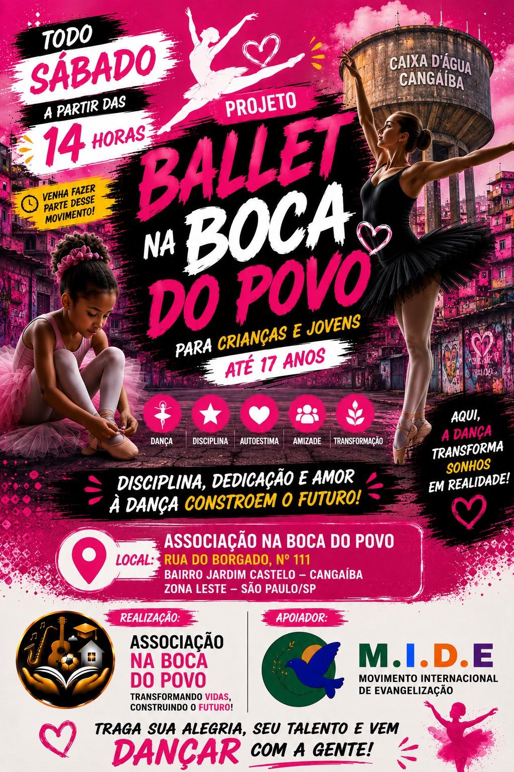 Flyer rosa do projeto Ballet na Boca do Povo, com bailarinas ilustradas e logotipos da Associação Na Boca do Povo e do MIDE